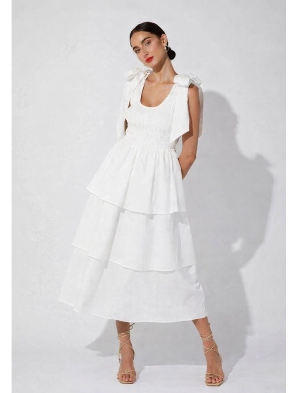 Cleobella Kaiya White Smocked Tiered Midi Dress NWT